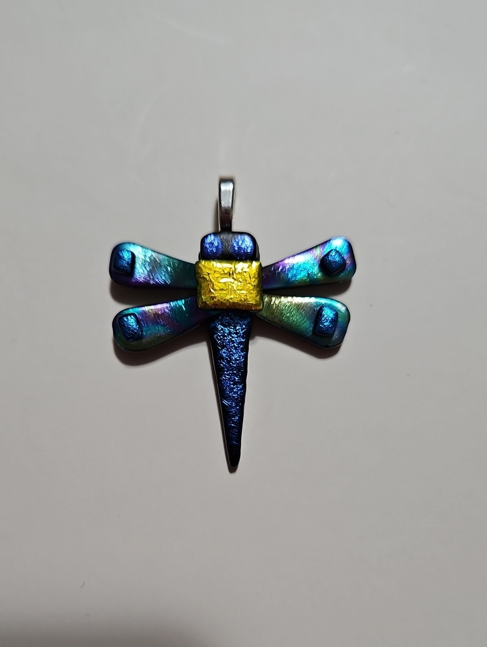 Colorful Handmade Art Glass Dragonfly Necklace Pendant Unsigned EUC